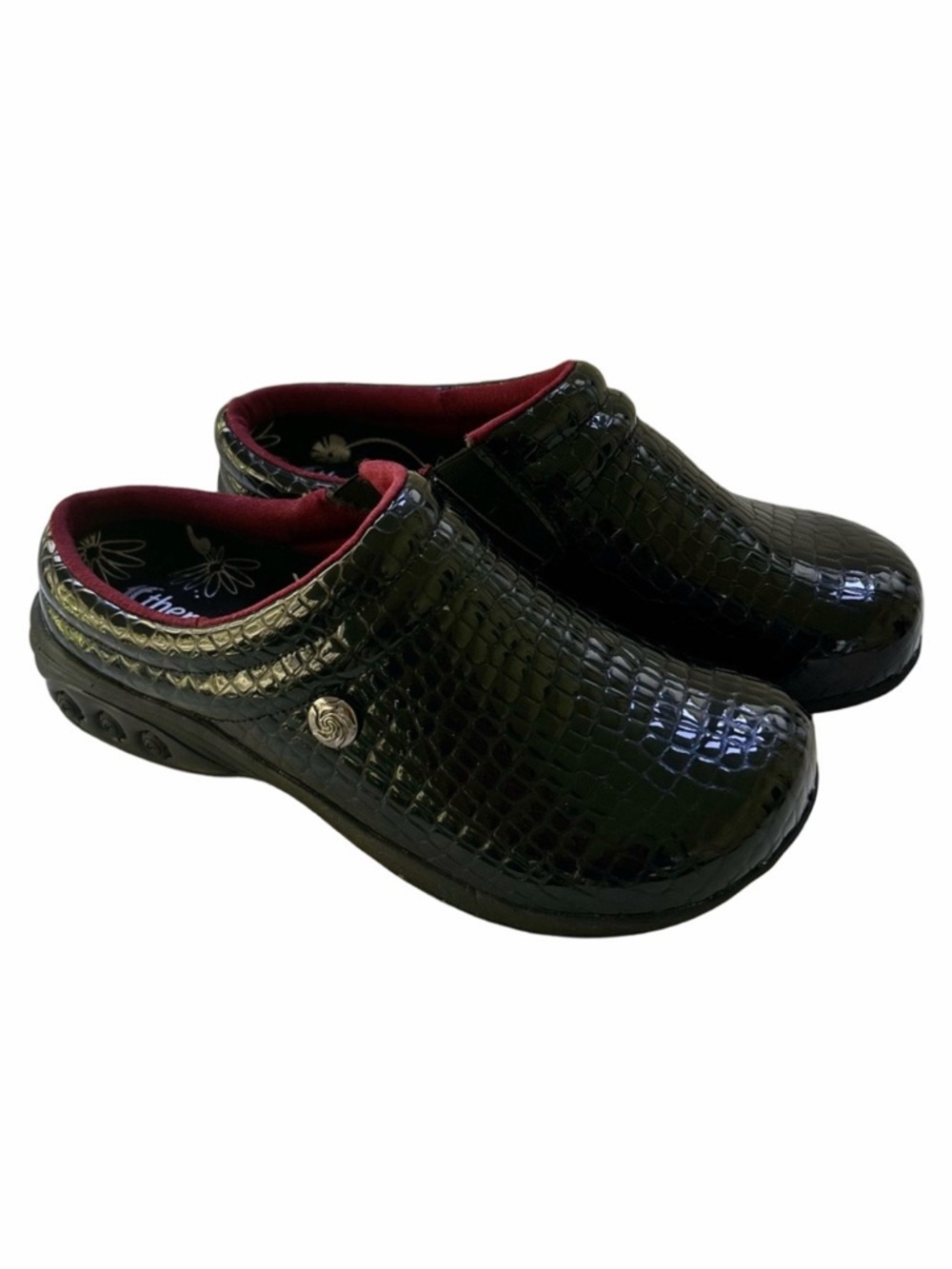 Therafit Clogs Black Size 9.5-10 Crocodile-Embossed Patent Leather Mules Womens